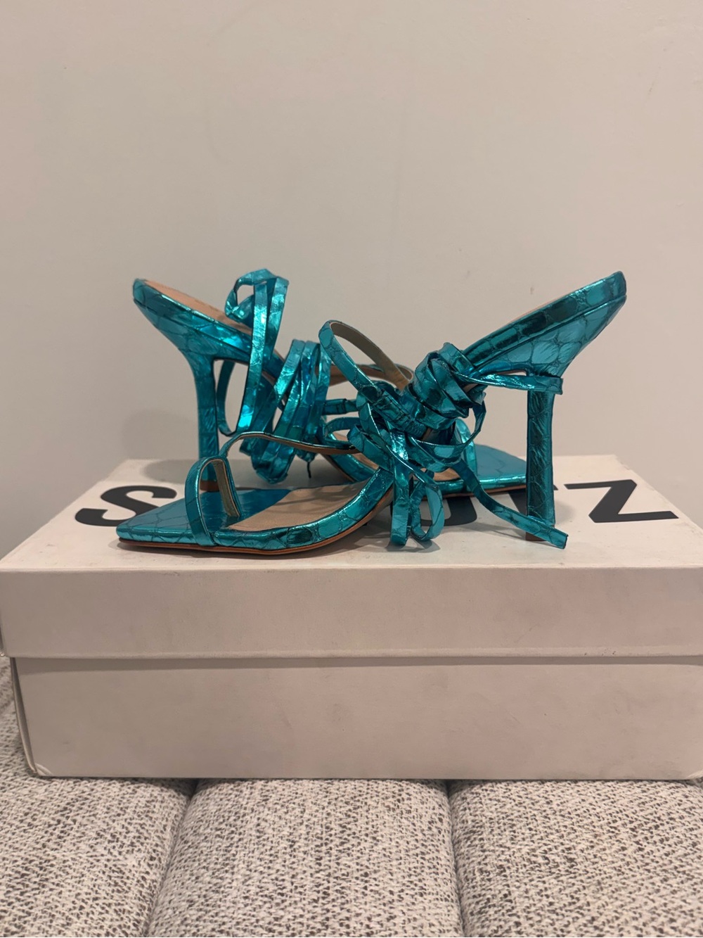 SCHUTZ Metallic Teal Lace-Up Stiletto Sandals
